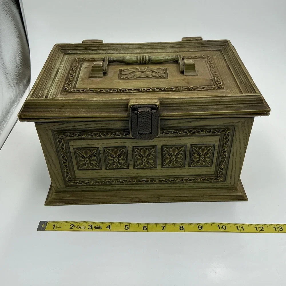 Vintage 60s Max Klein Avocado Green Green Plastic Sewing Box Faux Wood + STUFF!
